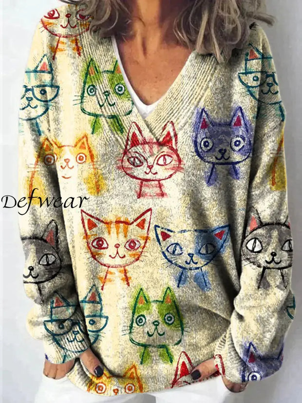 Retro Autumn And Winter Abstract Cat Art Print Long-Sleeved V-Neck Pullover A / S