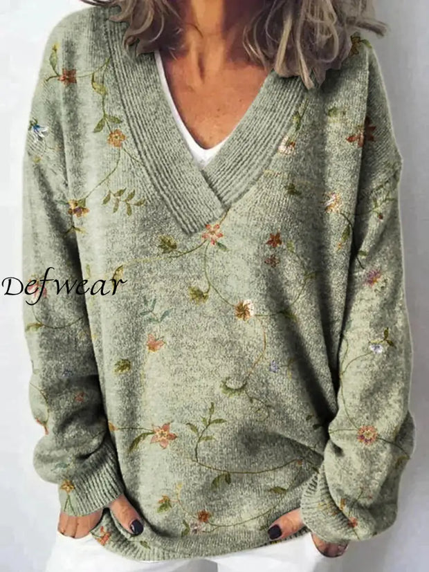 Retro Autumn And Winter Abstract Floral Art Print Long-Sleeved V-Neck Pullover A / S