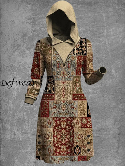 Retro Bohemian Ethnic Art Print Knitted Jacquard Hooded Casual Sweatshirt Dress A / S