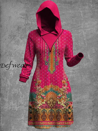 Retro Bohemian Ethnic Art Print Knitted Jacquard Hooded Casual Sweatshirt Dress A / S