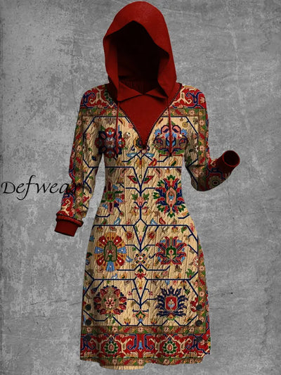 Retro Bohemian Ethnic Art Print Knitted Jacquard Hooded Casual Sweatshirt Dress A / S