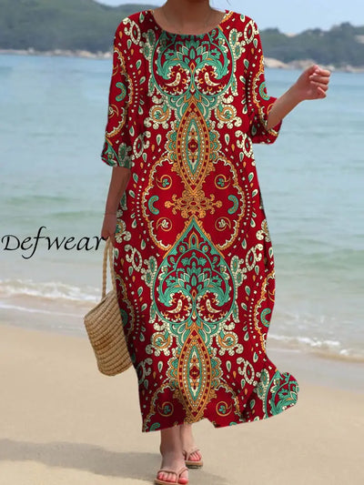 Retro Bohemian Floral Art Print Chic Round Neck Three-Quarter Sleeve Elegant Midi Dress A / S