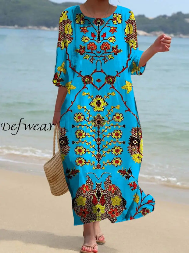 Retro Bohemian Floral Art Print Chic Round Neck Three-Quarter Sleeve Elegant Midi Dress A / S