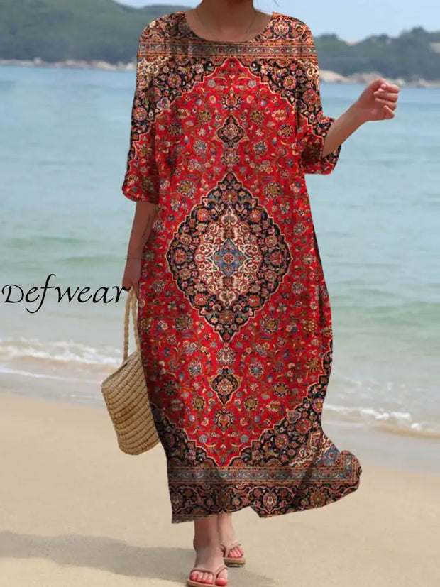 Retro Bohemian Floral Art Print Chic Round Neck Three-Quarter Sleeve Elegant Midi Dress A / S