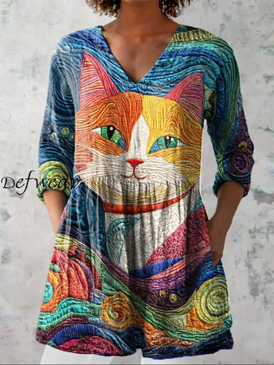 Retro Bohemian Floral Print Vintage Casual Cotton V Neck Long Sleeve T-Shirt A / S