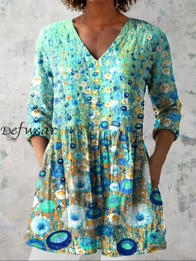 Retro Bohemian Floral Print Vintage Casual Cotton V Neck Long Sleeve T-Shirt A / S