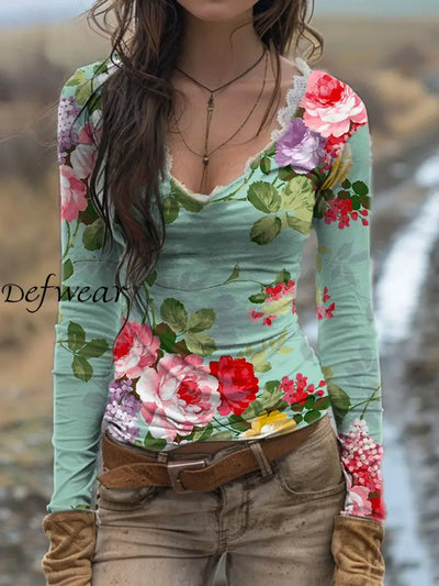 Retro Bohemian Floral Print Vintage Casual Cotton V Neck Long Sleeve T-Shirt A / S