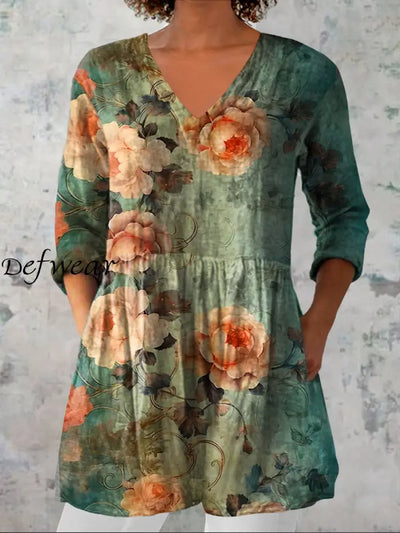 Retro Bohemian Floral Print Vintage Casual Cotton V Neck Long Sleeve T-Shirt A / S