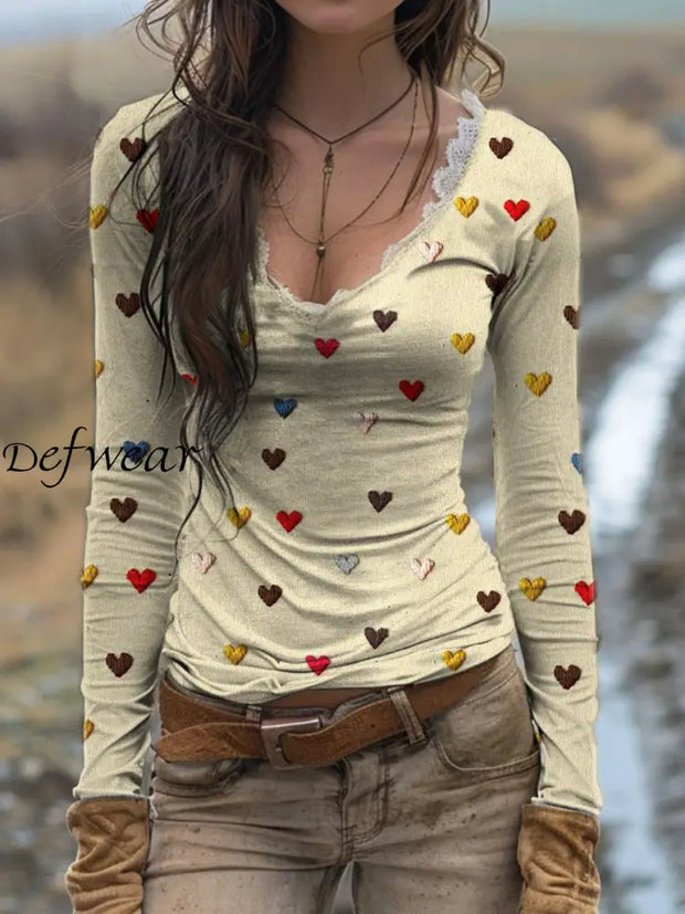 Retro Bohemian Heart Print Vintage Casual Cotton V Neck Long Sleeve T-Shirt A / S