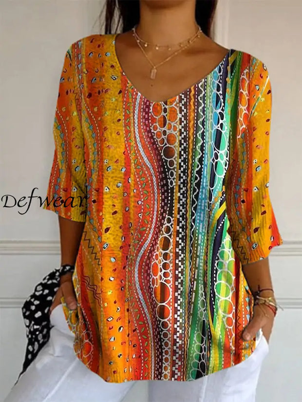 Retro Boho Art Printed V-Neck Loose Casual Mid-Length Sleeves Top A / S