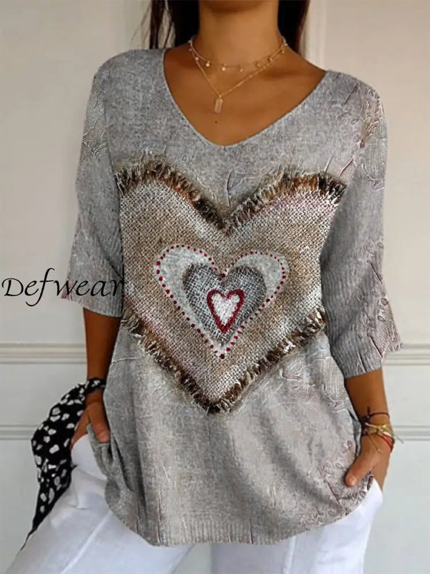 Retro Boho Art Printed V-Neck Loose Casual Mid-Length Sleeves Top A / S