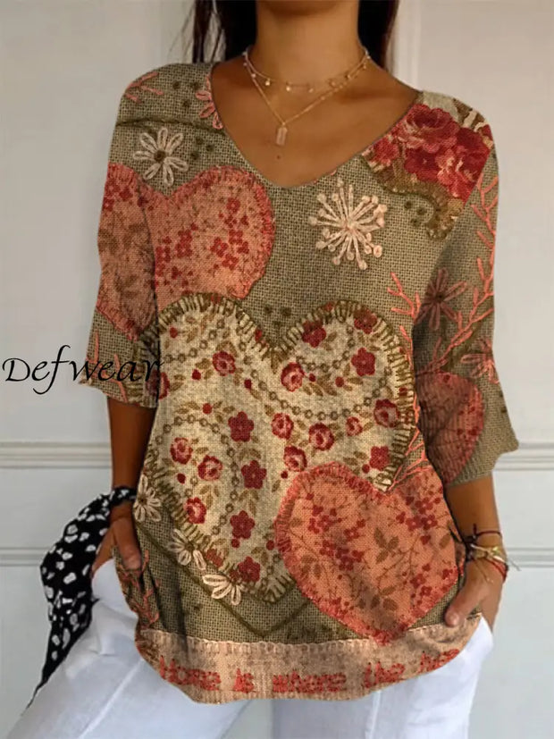 Retro Boho Art Printed V-Neck Loose Casual Mid-Length Sleeves Top A / S