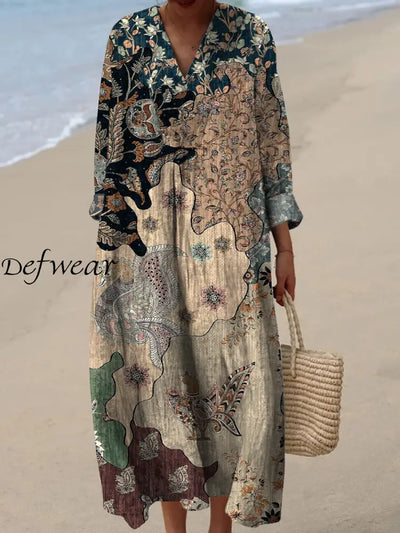 Retro Boho Art Printed Wide Edge V-Neck Vintage Loose Long Sleeves Midi Dress A / S