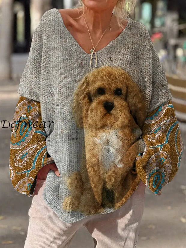 Retro Boho Cute Dog Printed Vintage Chic V-Neck Loose Long Sleeve Thick Knit Sweater A / S