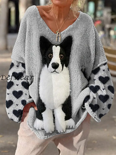 Retro Boho Cute Dog Printed Vintage Chic V-Neck Loose Long Sleeve Thick Knit Sweater A / S