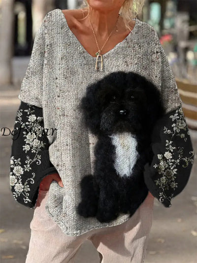 Retro Boho Cute Dog Printed Vintage Chic V-Neck Loose Long Sleeve Thick Knit Sweater A / S