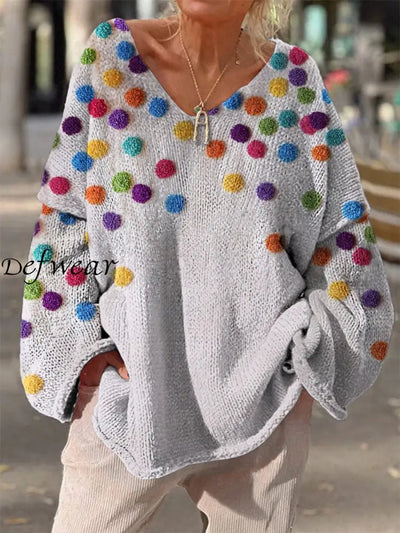 Retro Boho Dot Shape Printed Vintage Chic V-Neck Loose Long Sleeve Thick Knit Sweater A / S