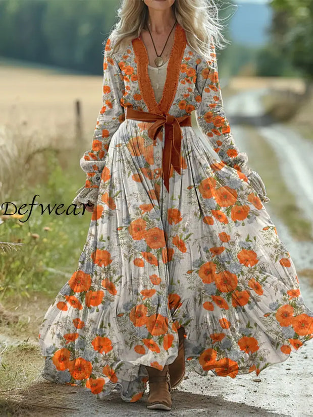 Retro Boho Floral Art Print Vintage Chic Belt V-Neck Cotton Long Sleeve Midi Dress A / S