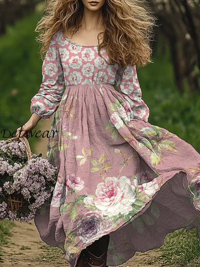 Retro Boho Floral Art Print Vintage Chic Round-Neck Long Sleeve Midi Dress A / S