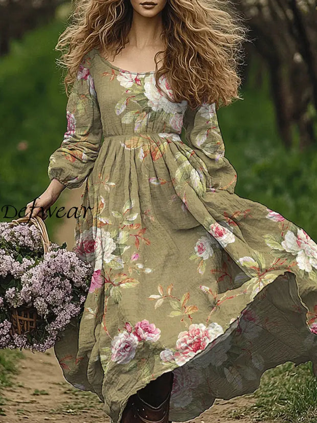 Retro Boho Floral Art Print Vintage Chic Round-Neck Long Sleeve Midi Dress A / S