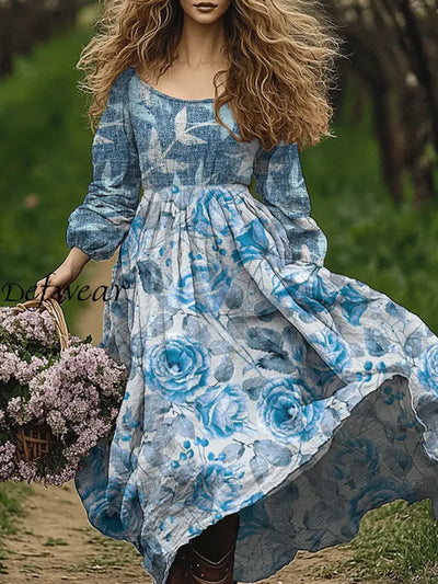 Retro Boho Floral Art Print Vintage Chic Round-Neck Long Sleeve Midi Dress A / S