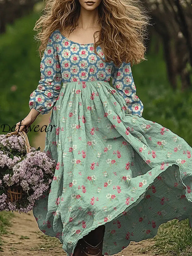 Retro Boho Floral Art Print Vintage Chic Round-Neck Long Sleeve Midi Dress A / S