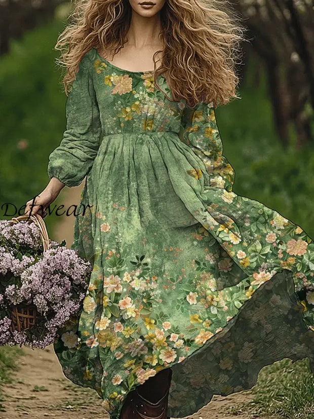 Retro Boho Floral Art Print Vintage Chic Round-Neck Long Sleeve Midi Dress A / S