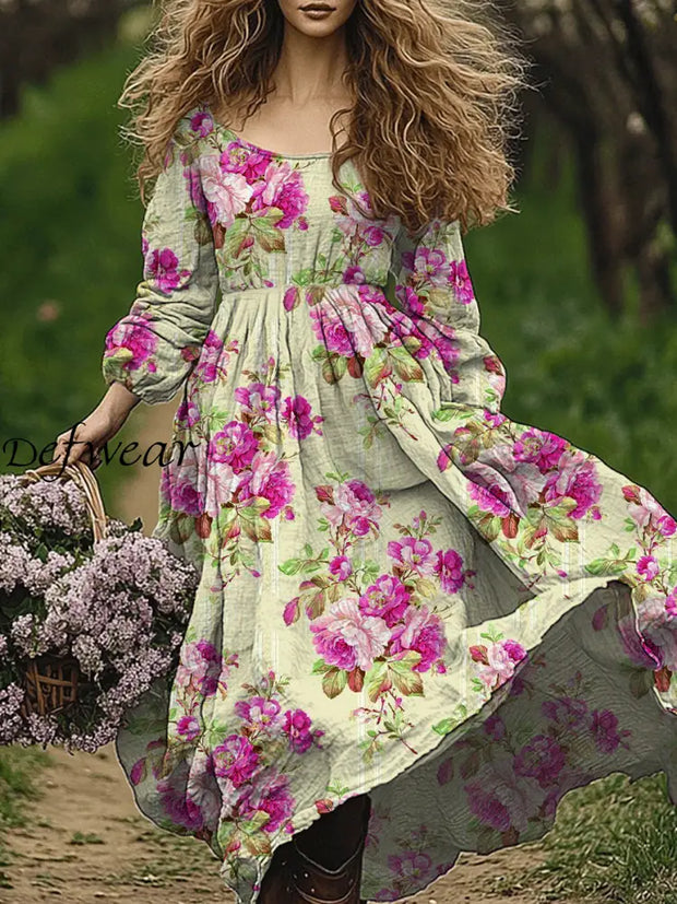 Retro Boho Floral Art Print Vintage Chic Round-Neck Long Sleeve Midi Dress A / S