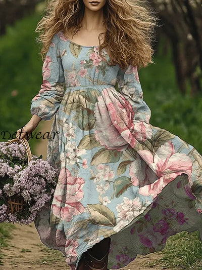 Retro Boho Floral Art Print Vintage Chic Round-Neck Long Sleeve Midi Dress A / S