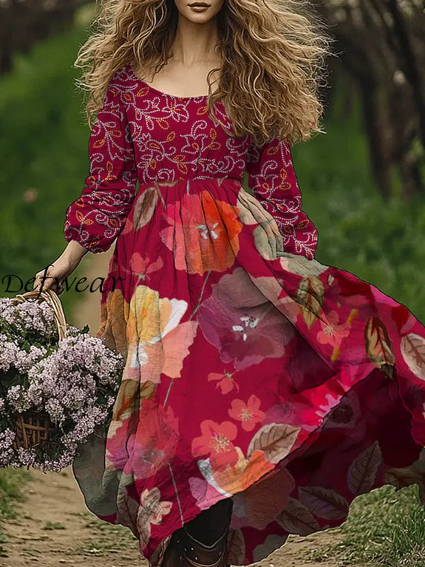 Retro Boho Floral Art Print Vintage Chic Round-Neck Long Sleeve Midi Dress A / S