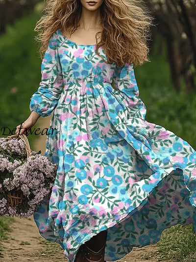 Retro Boho Floral Art Print Vintage Chic Round-Neck Long Sleeve Midi Dress A / S