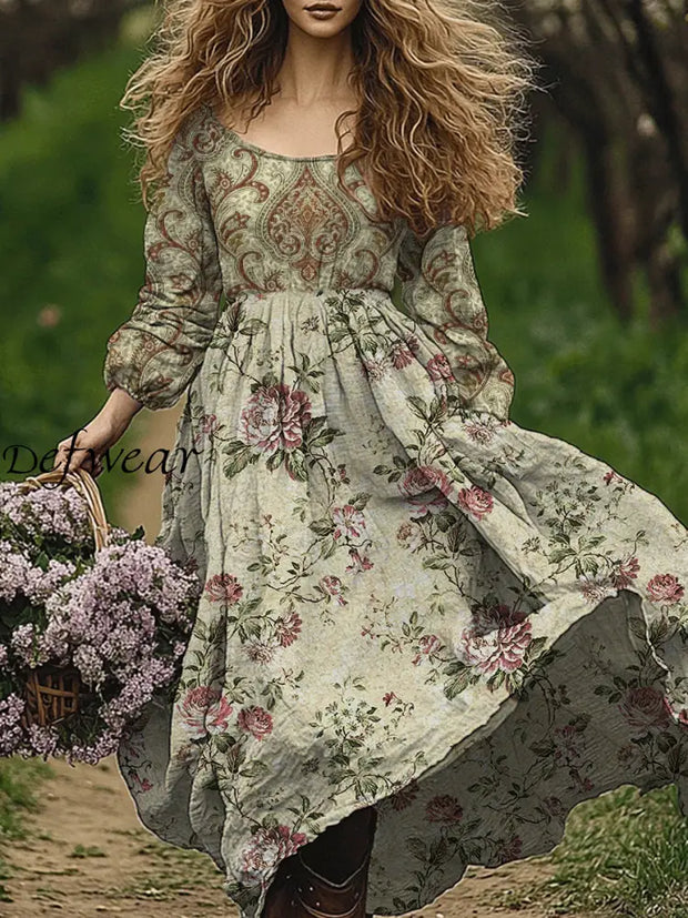 Retro Boho Floral Art Print Vintage Chic Round-Neck Long Sleeve Midi Dress A / S