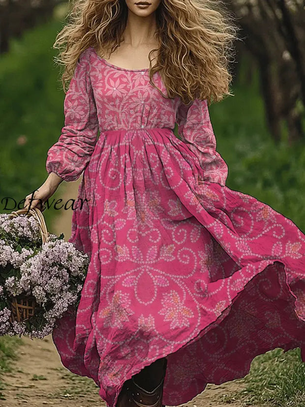 Retro Boho Floral Art Print Vintage Chic Round-Neck Long Sleeve Midi Dress A / S