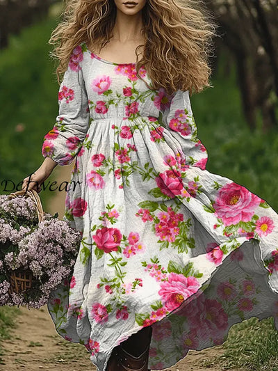 Retro Boho Floral Art Print Vintage Chic Round-Neck Long Sleeve Midi Dress A / S