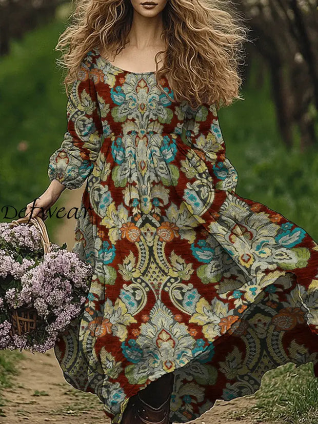 Retro Boho Floral Art Print Vintage Chic Round-Neck Long Sleeve Midi Dress A / S