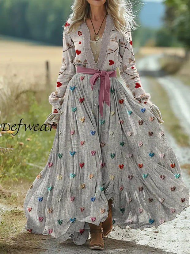 Retro Boho Floral Art Print Vintage Chic Strap V-Neck Cotton Long Sleeve Midi Dress A / S