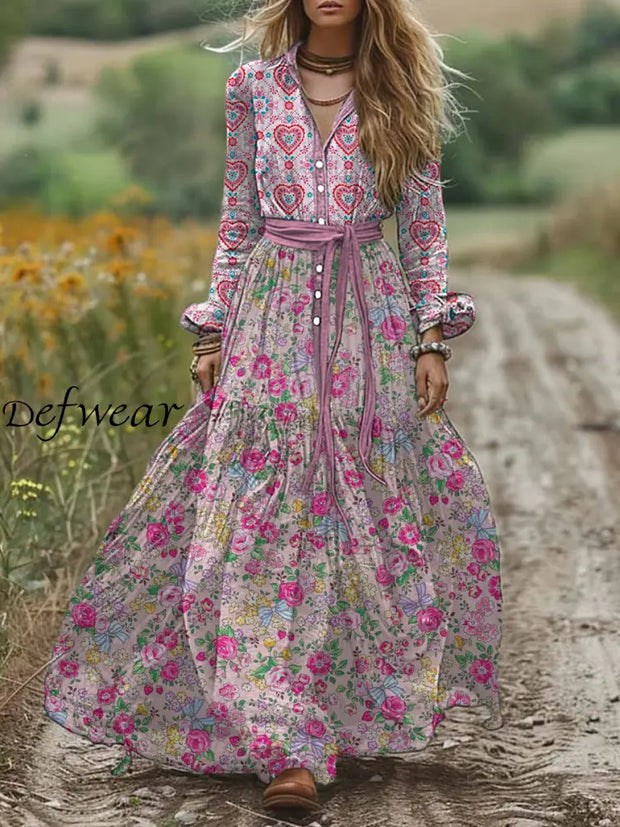 Retro Boho Floral Art Print Vintage Chic V-Neck Belt Elegan Long Sleeve Midi Dress A / S