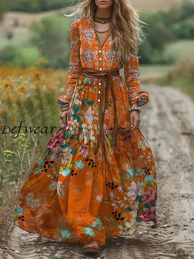 Retro Boho Floral Art Print Vintage Chic V-Neck Belt Elegan Long Sleeve Midi Dress A / S