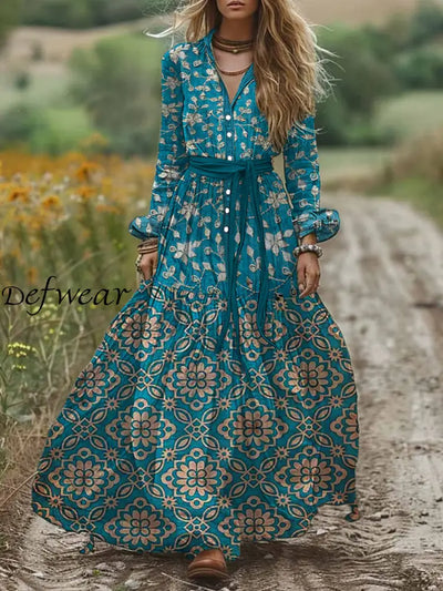 Retro Boho Floral Art Print Vintage Chic V-Neck Belt Elegan Long Sleeve Midi Dress A / S