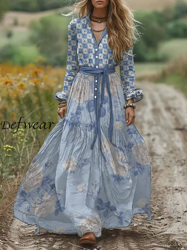 Retro Boho Floral Art Print Vintage Chic V-Neck Belt Elegan Long Sleeve Midi Dress A / S