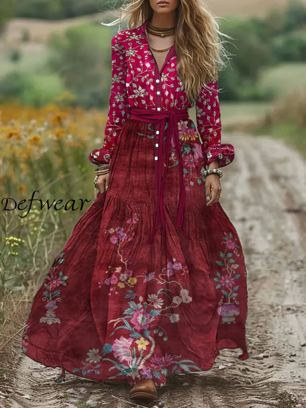 Retro Boho Floral Art Print Vintage Chic V-Neck Belt Elegan Long Sleeve Midi Dress A / S