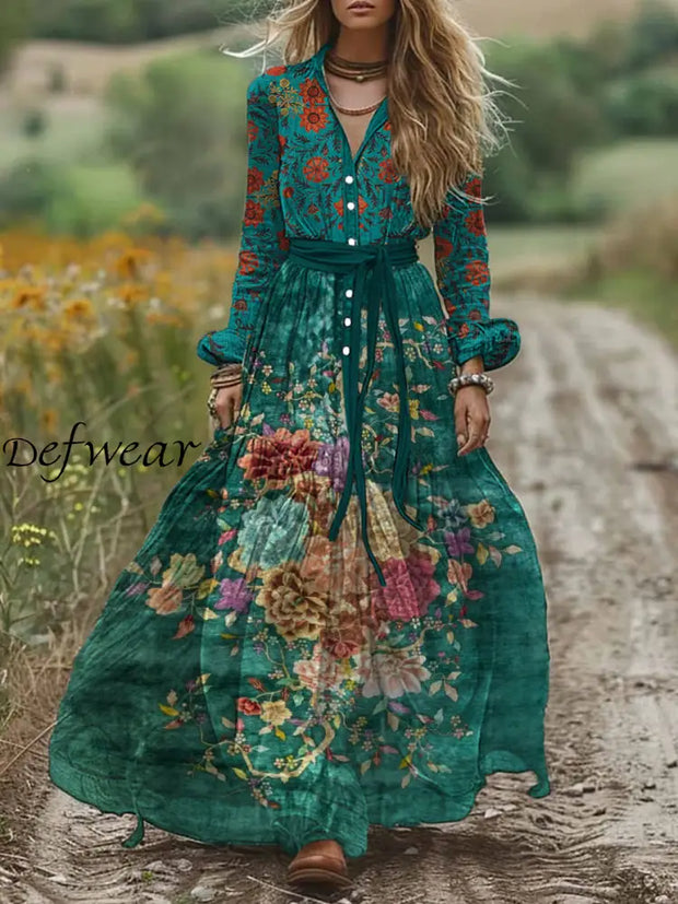 Retro Boho Floral Art Print Vintage Chic V-Neck Belt Elegan Long Sleeve Midi Dress A / S