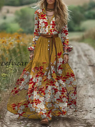 Retro Boho Floral Art Print Vintage Chic V-Neck Belt Elegan Long Sleeve Midi Dress A / S