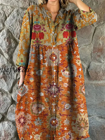 Retro Boho Floral Art Print Vintage Chic V-Neck Button Up Long Sleeve Midi Dress A / S