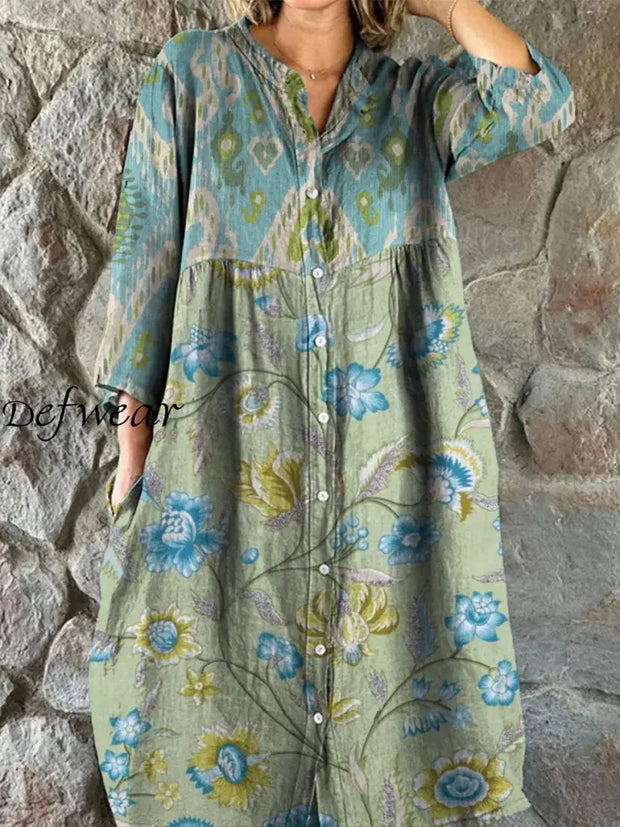 Retro Boho Floral Art Print Vintage Chic V-Neck Button Up Long Sleeve Midi Dress A / S