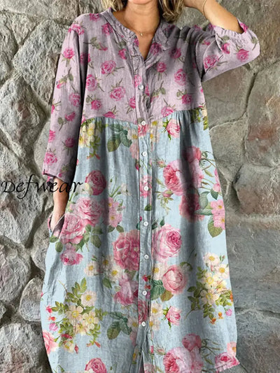 Retro Boho Floral Art Print Vintage Chic V-Neck Button Up Long Sleeve Midi Dress A / S