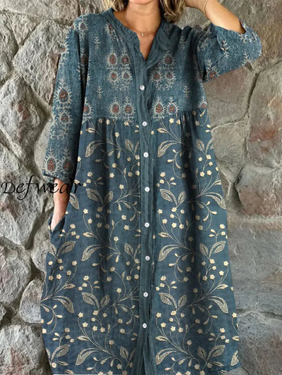 Retro Boho Floral Art Print Vintage Chic V-Neck Button Up Long Sleeve Midi Dress A / S