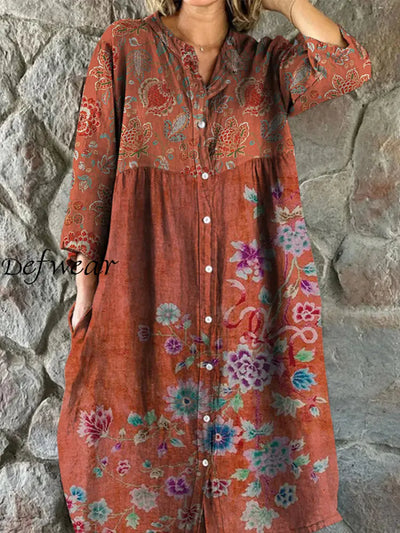 Retro Boho Floral Art Print Vintage Chic V-Neck Button Up Long Sleeve Midi Dress A / S