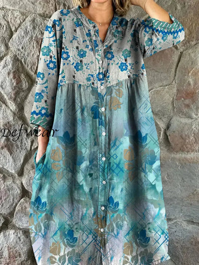 Retro Boho Floral Art Print Vintage Chic V-Neck Button Up Long Sleeve Midi Dress A / S