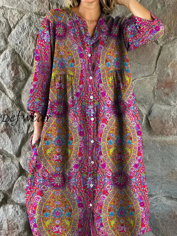 Retro Boho Floral Art Print Vintage Chic V-Neck Button Up Long Sleeve Midi Dress A / S